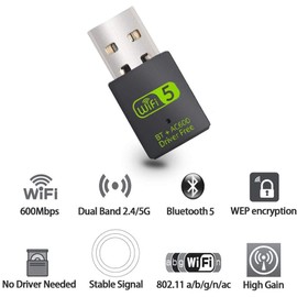 TB® USB WiFi Bluetooth Adapter Dongle 2 IN 1, 600Mbps Dual Band 2.4/5Ghz Wireless Network External Receiver for Windows 7/8 /8.1/10 & 11
