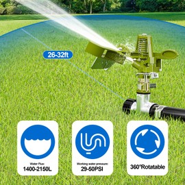 2 Pack Brass Lawn Sprinkler with Stand (Spike), 360° Rotating Adjustable Sprinkler for Yard, Heavy Duty Metal Impact Irrigation System for Large Area, Waters up to 26-32ft