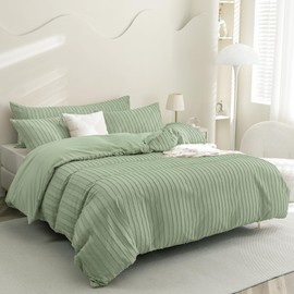 JELLYMONI Light Green Duvet Cover King Size - 3PCS Microfiber Tufted Duvet Cover Set, Boho Striped Tufted Textured Duvet Cover with Corner Ties & Zipper Closure