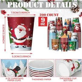 Zhehao 200 Pcs Christmas 9 oz Paper Cups Disposable Coffee Cups Santa Snowman Elk Disposable Hot Cups Xmas Party Drinkware Supplies for Holiday Tea Beverage Cocoa Cold Hot Drink (Xmas Tree Style)