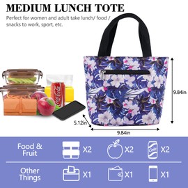MOV COMPRA Lunch Bag Women Tote Organizer Bag Insulated Lunch Cooler Bag with Removable Zipper Handbag for Work Travel Picnic（Blue Flower）