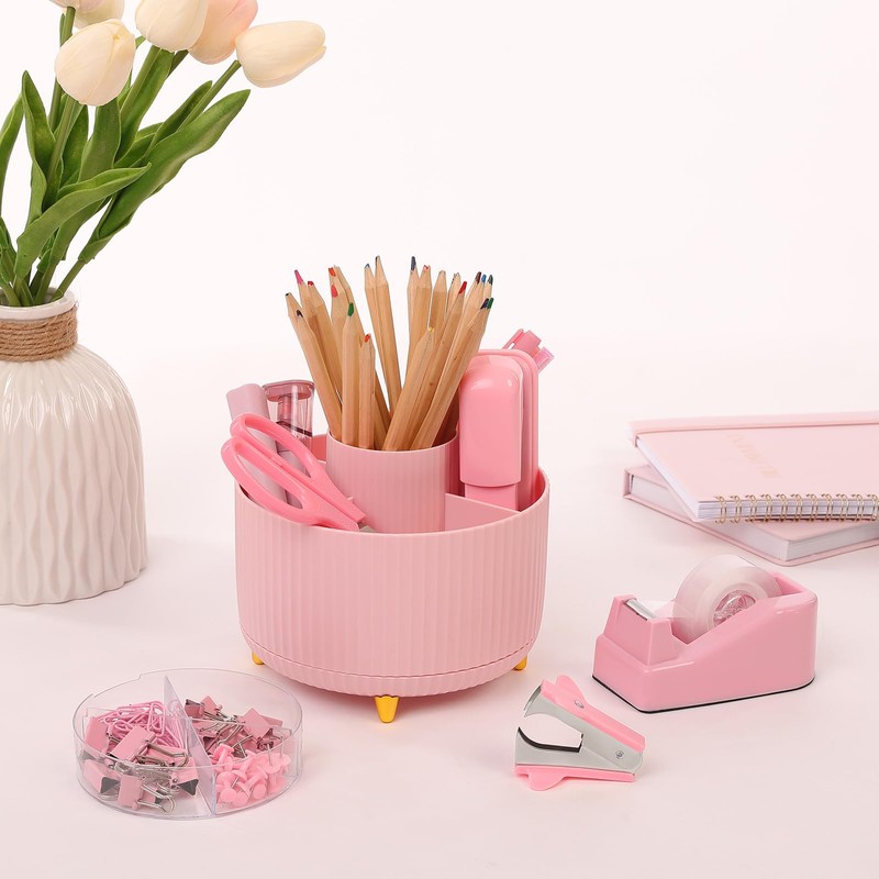 SKYDUE Pink Desk Accessories 10Pcs, Rotating Pen Holder for Desk,