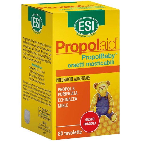 ESI - Propolaid Propolbaby Bears, Strawberry Chewable Tablets with Propolis and Echinacea, Counteracts Cooling Symptoms with Immunostimulating Action, Gluten and Vegetarian Free, 80 g