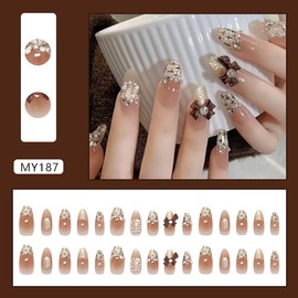 Long Almond Press on Nails Nude Fake Nails with 3D Bow Rhinestone Designs French Tip False Nails Full Cover Glossy Press ons Style Reusable Stick on Nail for Women Nail Decoration Accessories