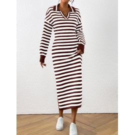MASCOMODA Womens Fall Dresses 2024 Striped Sweater Dress Casual Long Sleeve V Neck Collared Loose Side Slit Knit Midi Dress(Coffee,Medium)
