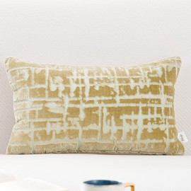 Alerfa 12 x 20 Inch Rectangle Geometrical Plaid Striped Embroidery Cut Velvet Cushion Case Luxury Modern Lumbar Throw Pillow Cover Decorative Pillow for Couch Sofa Living Room Bedroom Car, Beige