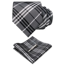 RBOCOTT Silk Grey White Stripe Plaid Tie and Pocket Square with Tie Clip Sets for Men(405)