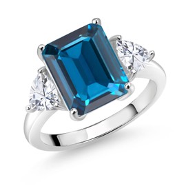 Gem Stone King 925 Sterling Silver London Blue Topaz and White Moissanite Ring | 3 Stone Ring For Women | 8.44 Cttw | Emerald Cut 12X10MM | Trillion 5X5MM | Available in Size 5,6,7,8,9