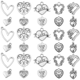 Ipotkitt 100 Pcs 10 Styles Vintage Style Heart Charms Antique Heart Flower Heart Word Charms Mini Love Charms for DIY Craft Jewelry Making Accessories