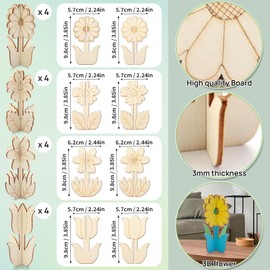 Catephe 16 Set Flower 3D Wooden Crafts Set for Kids, 32 Pcs Unfinished Wooden Slices with 4 Styles, Blank Wood Ornaments with Paint and Paintbrush for DIY Crafts Home Decoration Craft Project