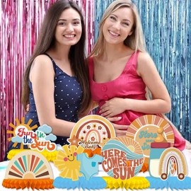 LOONELO Here Comes The Son Honeycomb Centerpieces, 9pcs Boho Retro Sunshine Welcome Baby Shower Table Topper for Table Sunshine Baby Shower Supplies Retro Rainbow Baby Shower Decoration