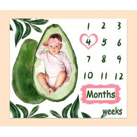 PHMOJEN Avocado Baby Monthly Milestone Blanket, Watercolor Fruit Green Tropical Leaves Ballons Growth Chart Blanket, 48"x40" Photography Backdrop 1 to 12 Months, 4 Frames, 1 Headband, BTXTPH378