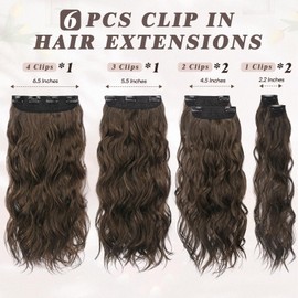BARSDAR Clip-In Extensions for Women, 50 cm Brown Wavy Clip-In Hair Extensions, 6 Pieces, Thick, Natural, Soft, Synthetic Brown, Clip-In Hairpieces, Hair Extensions - Brown
