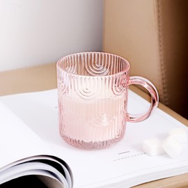 Lysenn Glass Coffee Mugs Set of 4 - Premium Crystal Glass Mugs with Lids – Unique Design Coffee Glasses for Tea Latte Cocoa Chocolate - 10 oz, Pink