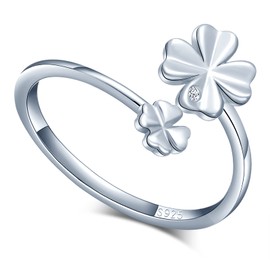 MICGIGI Women's 925 Sterling Silver Open Ring Four Leaf Clover Adjustable Ring Silver Rose Gold, Silver