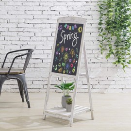 MyGift 45-inch Shabby Whitewashed Wood Freestanding Chalkboard Easel Sign with Display Shelf