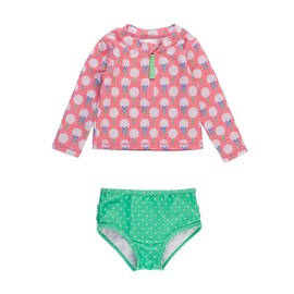 RuffleButts Baby/Toddler Girls Long Sleeve Rash Guard 2 Piece Swimsuit Set w/UPF 50+ Sun Protection with Zipper - Pink Tee Time, 6-12m