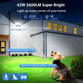 MEIHUA 42W Security Lights Outdoor Motion Sensor with Remote Control, 3600LM PIR Security Light, IP66 6500K Motion Sensor Lights Outdoor with 3 Adjustable Heads for Garden, Yard, Patio, Porch, Garage