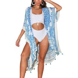 Breezy Lane Beach Coverup for Women Summer Kimonos Swimsuit Cover ups with Tassel White Blue Print