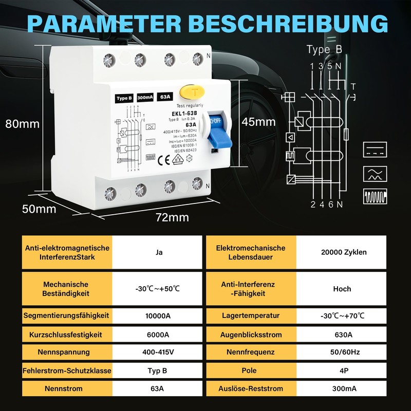 Warmfay FI Circuit Breaker Type B 63A 300mA 4-Pin VDE