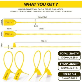 Nuanchu 100 Pcs Plastic Tamper Seals Numbered Zip Ties Fire Extinguisher Tags Disposable Self-Locking Tie, 170 mm Length(Yellow)