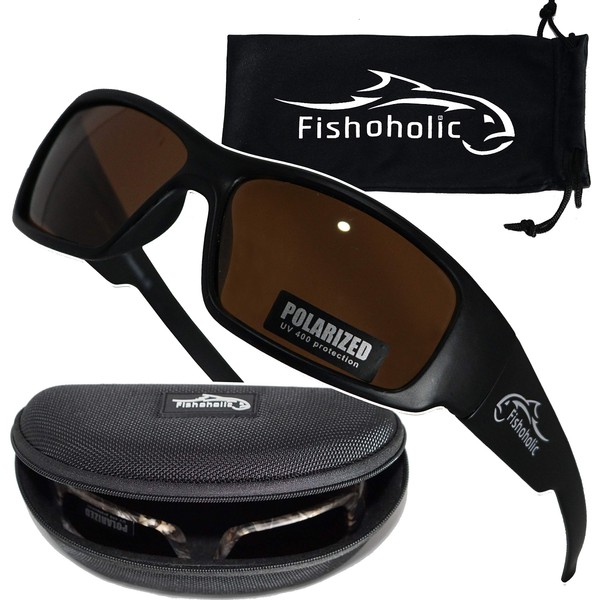 Fishoholic Polarized Fishing Sunglasses (8 Color Options) - Free Hard Case & Pouch - UV400 - Great Fishing Gift for Dad Son (mb-AMB)