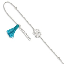Bonyak Jewelry Sterling Silver Lotus w/Blue Fabric Tassel 9in Plus 1in ext. Anklet Charming