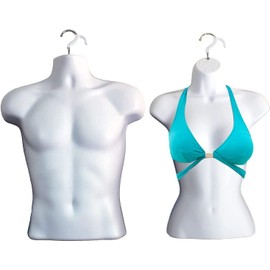 DisplayTown White Male + White Female Mannequin Injection Forms Half Rounded Waist Body Torso Dress Form with Only Hanging Hook, S-M Sizes