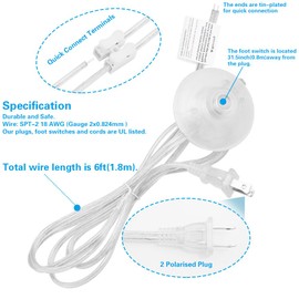 Asjeumt 6ft Foot Light Switch, Clear Floor Lamp Switches with Plug, Extension Cord Foot Tapper Pedal Light Switch, AC 125V Step ON Off Push Button, Replacement for DIY Christmas Tree Light Footswitch