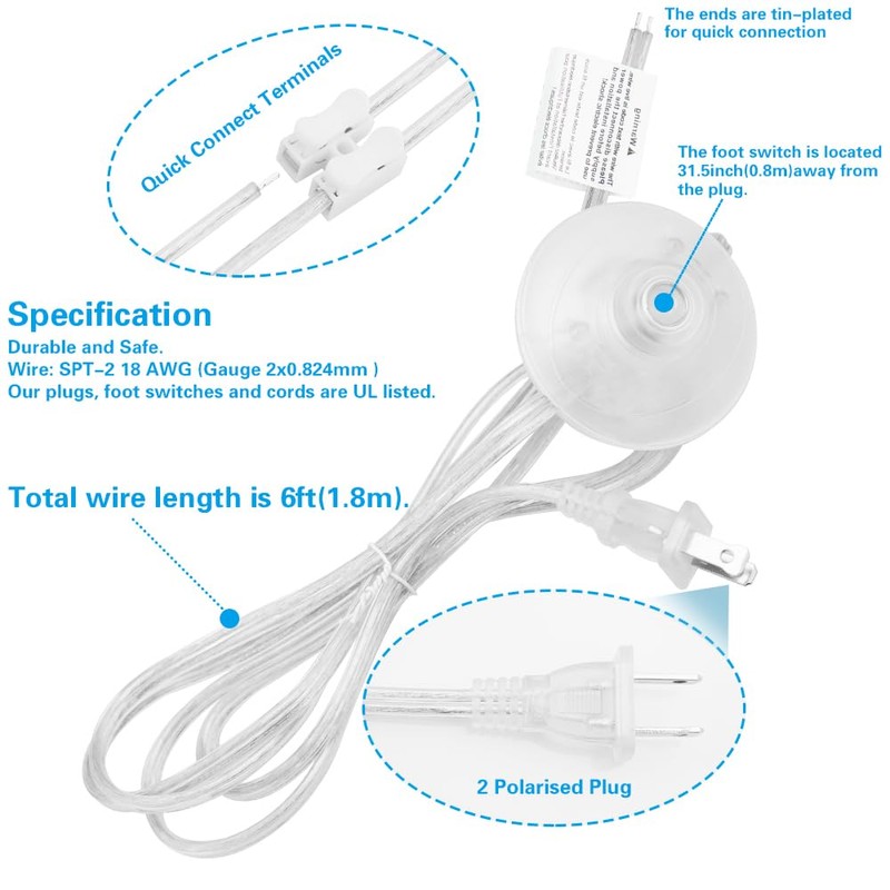 Asjeumt 6ft Foot Light Switch, Clear Floor Lamp Switches with