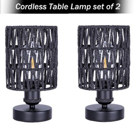 ALL FORTUNE Cordless Outdoor Table Lamps, Rechargeable Wireless Rattan Boho, Dimmable Battery Operated for Patio, Home, Living Room, Bedroom, Bedside - Set of 2 (Black)