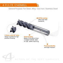 ACCUCUT I4KES 1/8 Carbide End Mill, 4 Flute, Square End, Ideal for Steel, Forge Steel, Copper and Alloys, 45 Degree Helix, (5 Pieces)