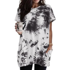 RITERA Womens Plus Size Long Tunic Tops Summer Casual Black White Tie Dye Short Sleeve Shirts with Pockets 3XL 22W 24W