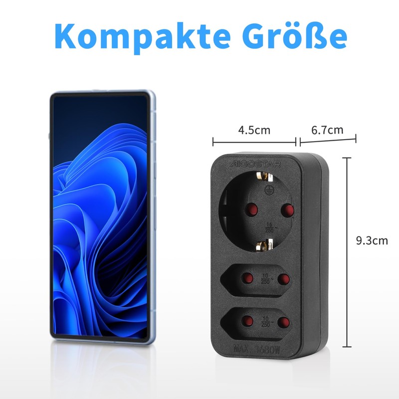 Aigostar 3-Way Socket Adapter with Child Lock Multiple Socket Portable