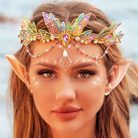 Bartosi Fairy Crown Headband Purple Butterfly Tiara Elf Bridal Headpiece Renaissance Costume Wedding Headdress for Women