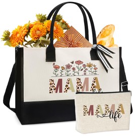 VeloKomo Mama Canvas Tote Bag - 2Pcs Appreciation Canvas Gift for Mother Birthday Christimas Thanks Holiday MAMA Flower Bag Gifts with Makeup Bag Cosmetic Set Present