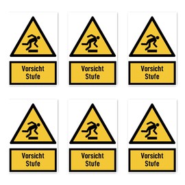 Stickers: 75 x 50 mm, Pack of 6 – Caution Level – Warning Sign with Text (German) (Yellow/Black) – Vertical – DIN EN ISO 7010 / ASR A1.3