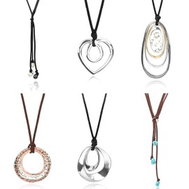 ORAZIO 6 Pcs Long Pendant Necklaces For Women Fashion Jewelry Simple Long Feather Leaf Heart Turquoise Costume Y Necklace Womens Statement Long Necklace Set Boho