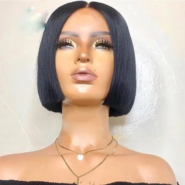 Natural Black Lace Front Bob Wig - Blunt Cut, Pre-Plucked, Short, Brazilian Remy Hair, 13x6 HD Lace, 150% Density, Glueless, Natural Hairline, 12Inch