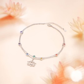 Flyow Lotus Chakra Anklet 925 Sterling Silver Multicolor Cubic Zirconia Ankle Bracelets for Women Adjustable Layered Foot Chain Jewelry Gift for Summer Day