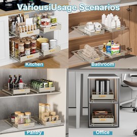 HOMEBOSILY Under Sink Organizer, 2 Pack Pull Out Kitchen Cabinet Organizer, Mute Slide-Out Under Sink Organizers and Storage, Metal Kitchen Bathroom Organizers and Storage Shelves, Grey