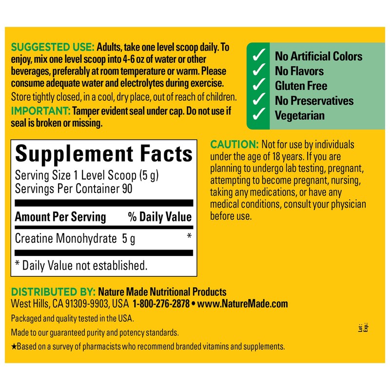 Nature Made Creatine Monohydrate Powder 5 g per Serving, Unflavored