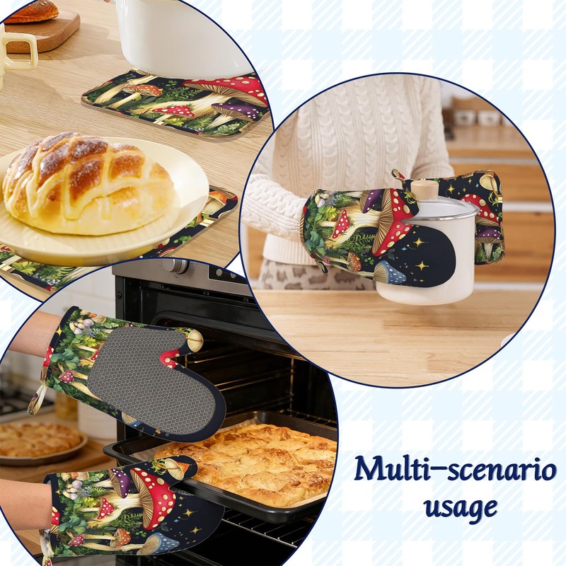 Mushroom Oven Mitts and Pot Holders Sets of 4 Boho