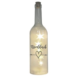 WB wohn trends LED Bottle with Norddeich Heart Motif, Grey, 29 cm, Bottle Light, Glitter Bottle, Light Bottle Lamp with Text Saying City Maritime
