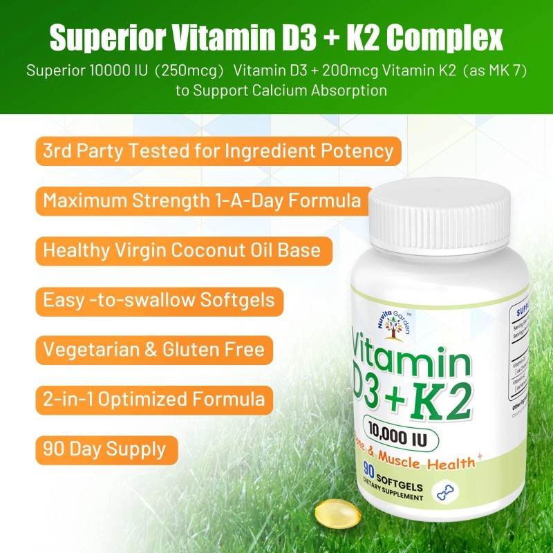 NuvitaGarden Vitamin D3 + K2 10000 IU, Promotes Calcium Absorption