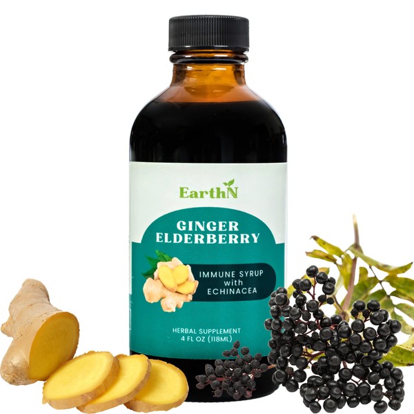 Ginger Elderberry Immune Defense Syrup with Echinacea, Vitamin C, Honey - Organic Super Premium Liquid - 100% Pure Ingredients - Natural Immunity Support Supplement (4 fl oz)