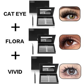 【LIve Only】Cofier Glue-Free DIY Lash Kit Press on Lash No Glue Lash Self-Adhesive Eyelash Kit Individual Lashes Friendly Makeup Cosmetic Eyelashes with Tweezers 80/100 Pcs:_Beauty Set(Cat Eye/Vivid/Flora)
