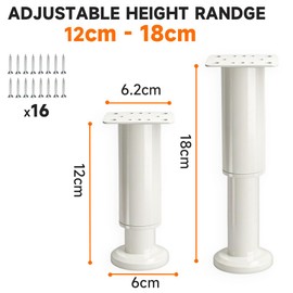 Aoyfuwell 4 Pz Piedi Regolabili Neri, 12-18 cm (altezza regolabile) per Gambe di Mobili, Armadi, Divani, Letti e Commodi (Bianco 12-18 cm)