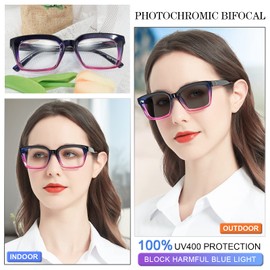 MARE AZZURO Photochromic Bifocal Reading Glasses Women Blue Light Blocking Oversized Readers Sunglasses 100 150 200 250 300 350 400 (Purple, 1.00)