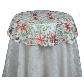Creative Linens Embroidered Lily Daisy Floral Tablecloth Topper 33" Round Ivory Holiday